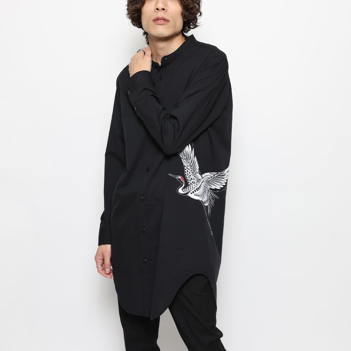 TSURU SWITCH BAND COLLAR LONG SHIRT